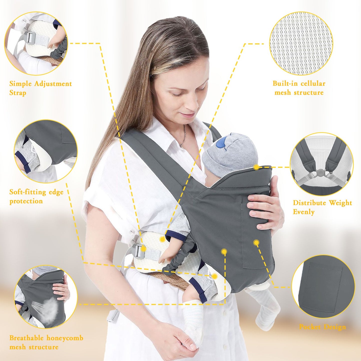 Yadala Baby Carrier, 4-in-1 Front and Back Toddler Carrier with Adjustable Hook, Soft Fabric and Breathable Mesh