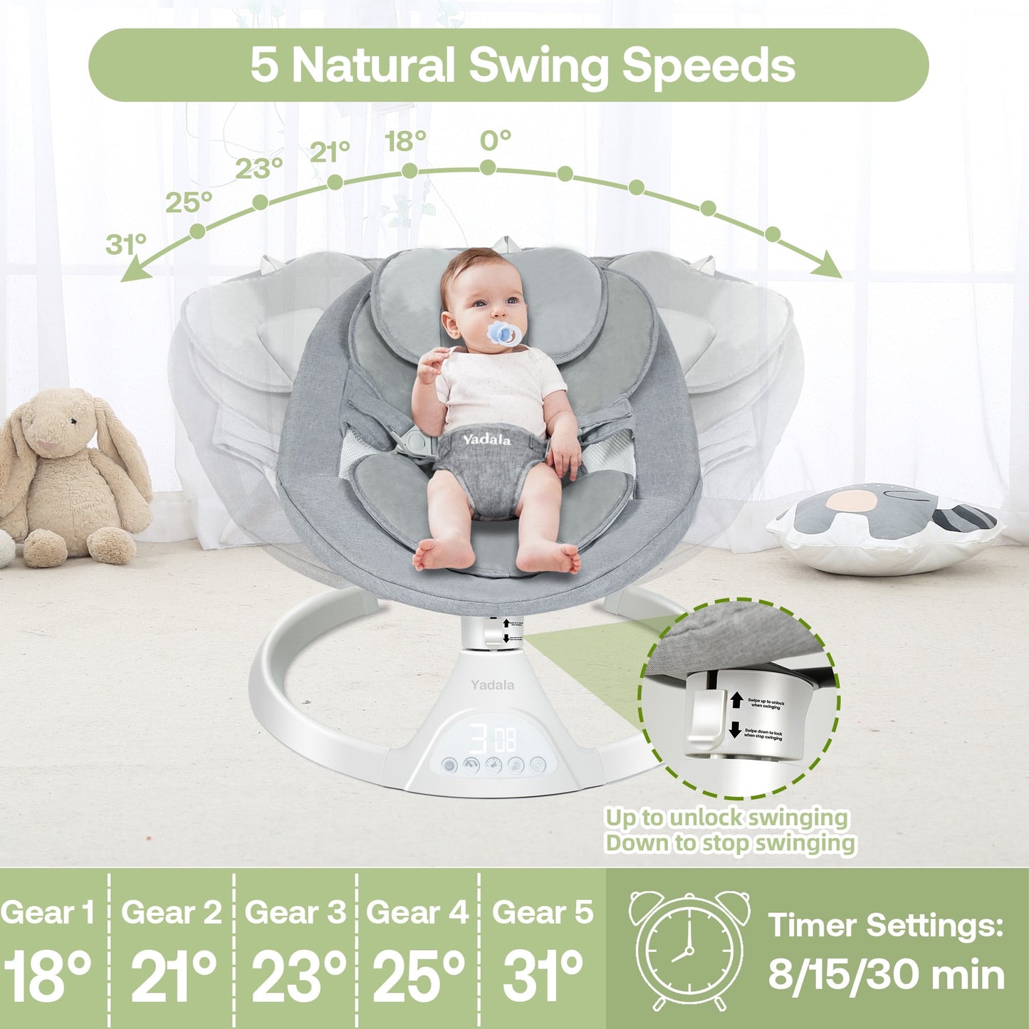 Baby Swing for Infants, Bluetooth Swing Electirc Baby Rocker Bouncer, Intelligent Auto Swing with 5 Speed, Gray