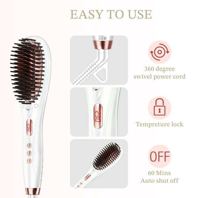 Jungle Wave Hair Straightener Brush, 2-in-1 Ceramic Ionic Straightening Brush, 15s Fast Heating, White
