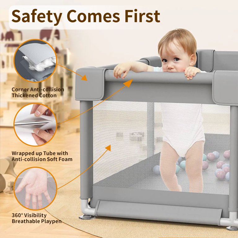 Baby Playpen for Babies and Toddlers, Yadala 48”×48” Indoor & Outdoor Baby Playard with Breathable Mesh, Gray
