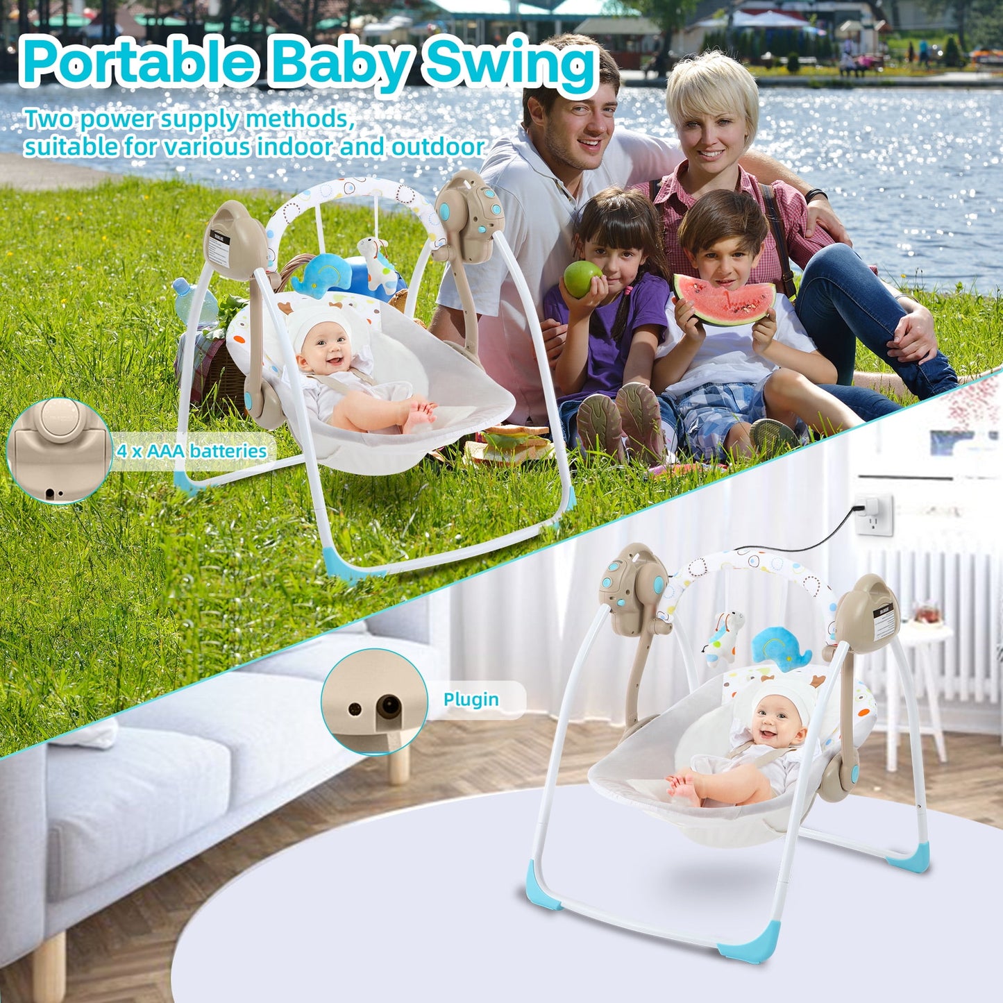 Yadala Baby Swing, Foldable Baby Swing for Infants with Adaptable Speeds, Music, 0-9 Months, Khaki