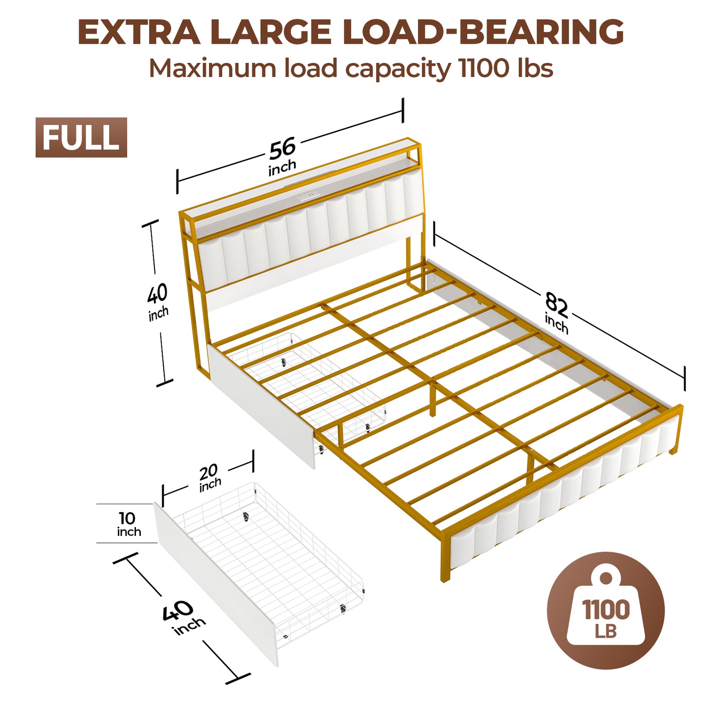 VIPLIVE Full Bed Frame with Double Layer Faux Leather Upholstered Headboard and 2 Storage Drawers