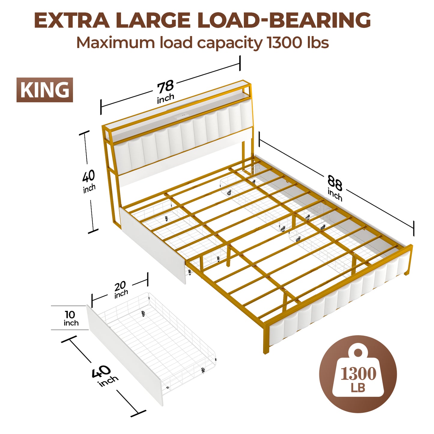 VIPLIVE King Bed Frame with Double Layer Faux Leather Upholstered Headboard and 4 Storage Drawers