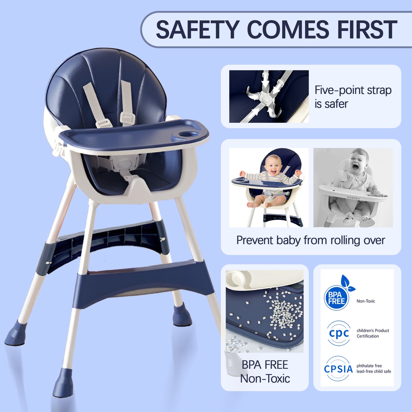 Yadala 3 in 1 High Chair, Convertible High Chairs for Babies and Toddlers with Removable Tray & PU Cushion, Blue