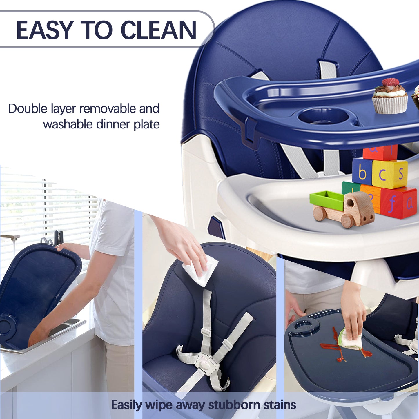 Yadala 3 in 1 High Chair, Convertible High Chairs for Babies and Toddlers with Removable Tray & PU Cushion, Blue