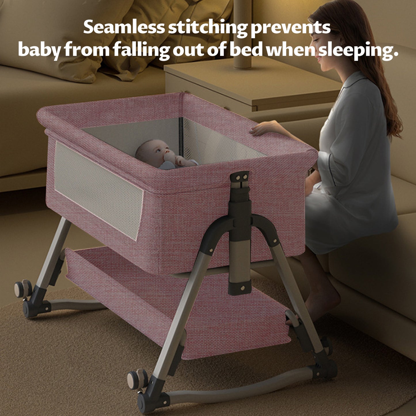 Yadala Bedside Cribs, Baby Bassinet Travel Baby Crib Baby Bed with Breathable Net, Adjustable Portable Bed for Infant/Baby with Mattress, Pink