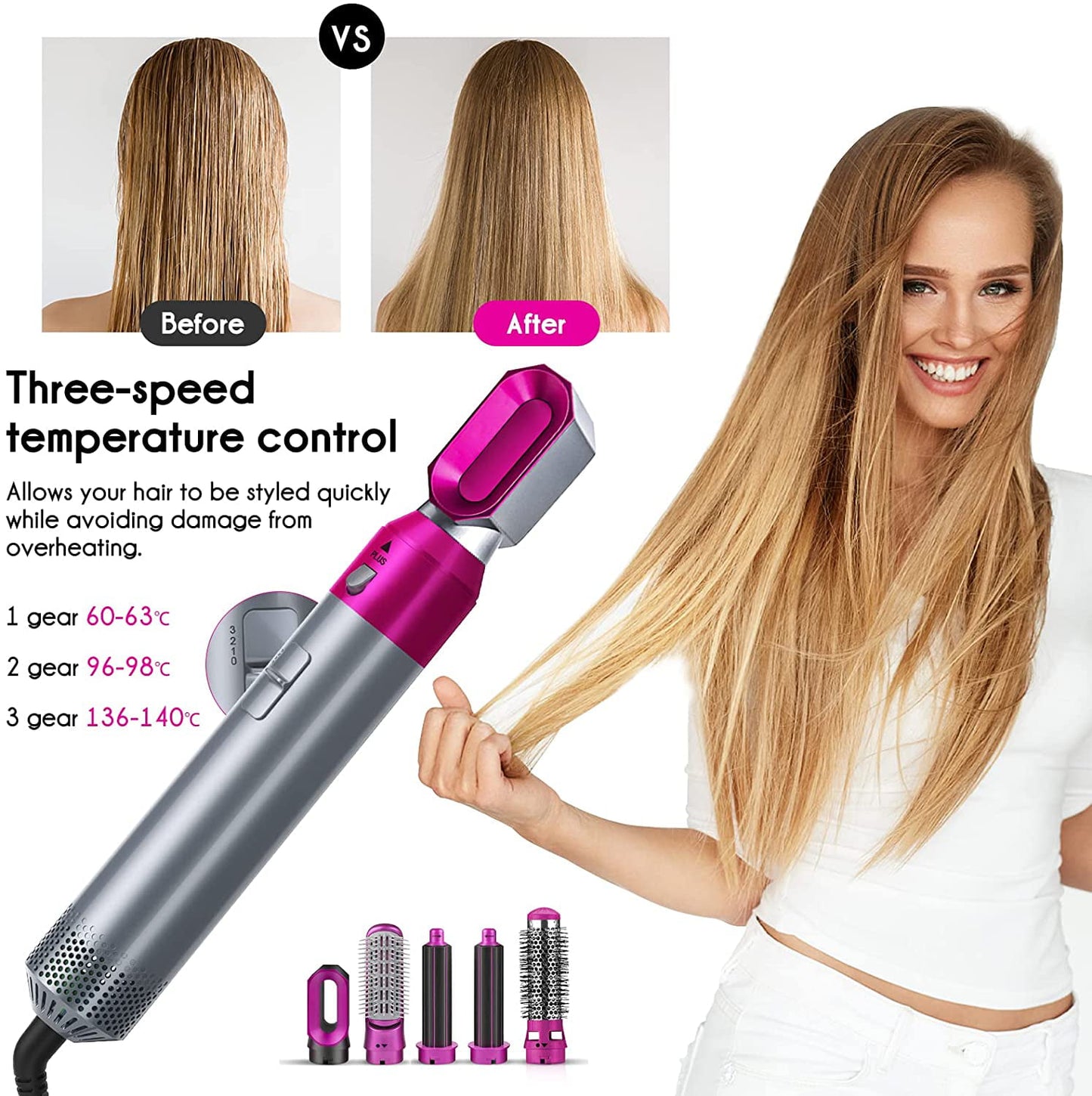 Elecsop 5 in 1 Hair Blower Brush Hairdryer Hair Curler Curling Iron Detachable Hair Styler Electric Hair Comb Rotating Hot Air Brush for All Hairstyle