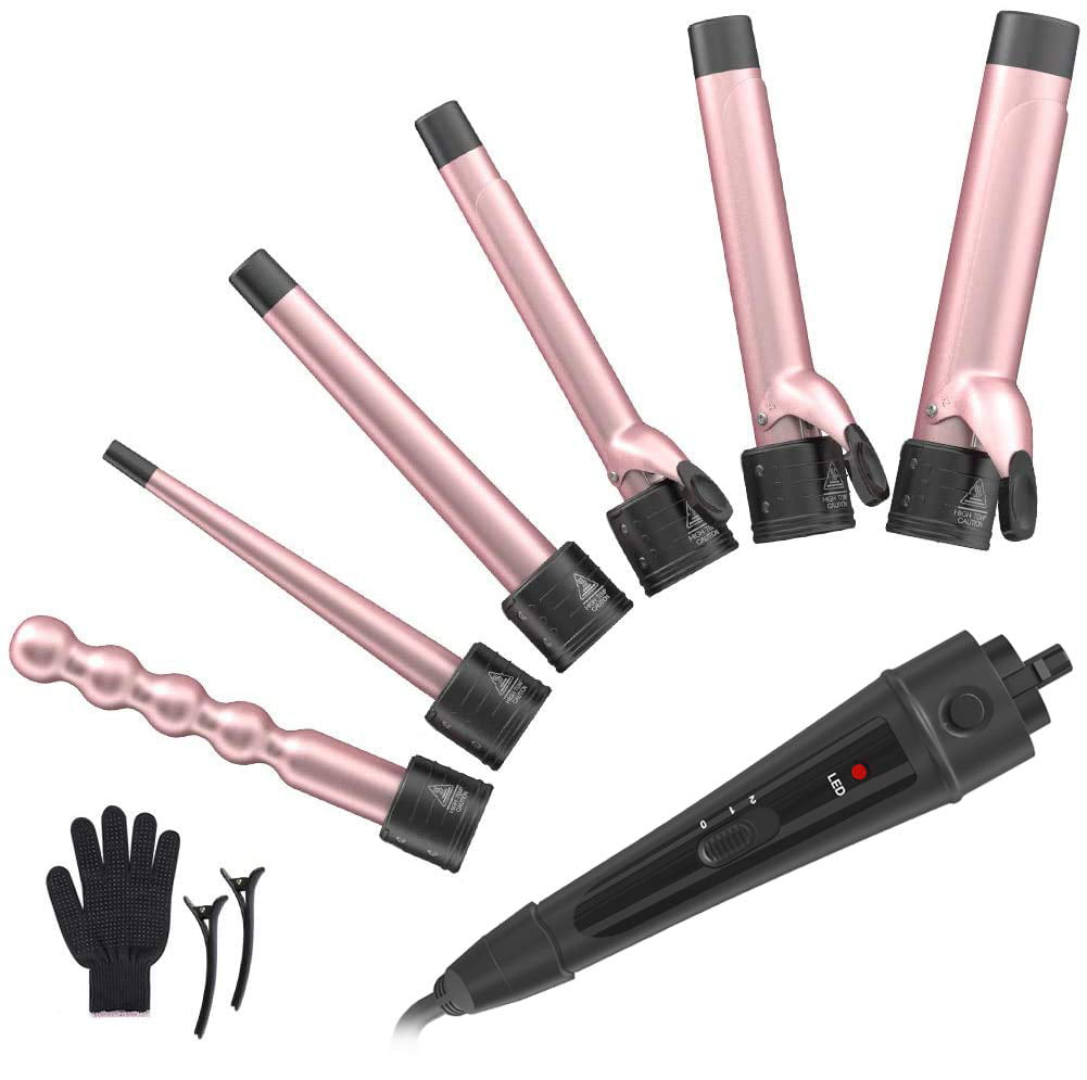 6 in 1 Curling Iron Wand Set - Byfumay Ceramic  Hair Curling Iron with 6 Interchangeable Ceramic Barrels(0.35’’ -1.25’’) and 2 Temperature Instant Heat Up Hair Curler for All Hair Types