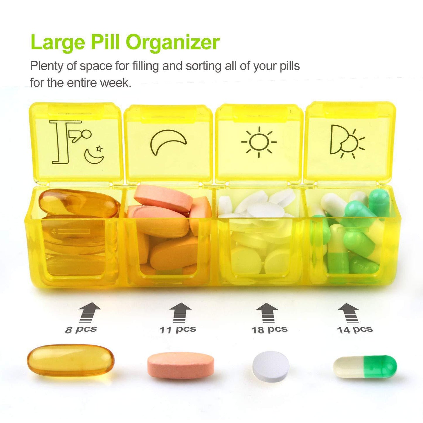 Weekly Pill Organizer 7 Day (4 Times a Day), Sukuos Moisture-Resistant Large Daily Pill Cases for Pills/Vitamin/Fish Oil/Supplements - Rainbow Colors (Morn NOON EVE Bed)
