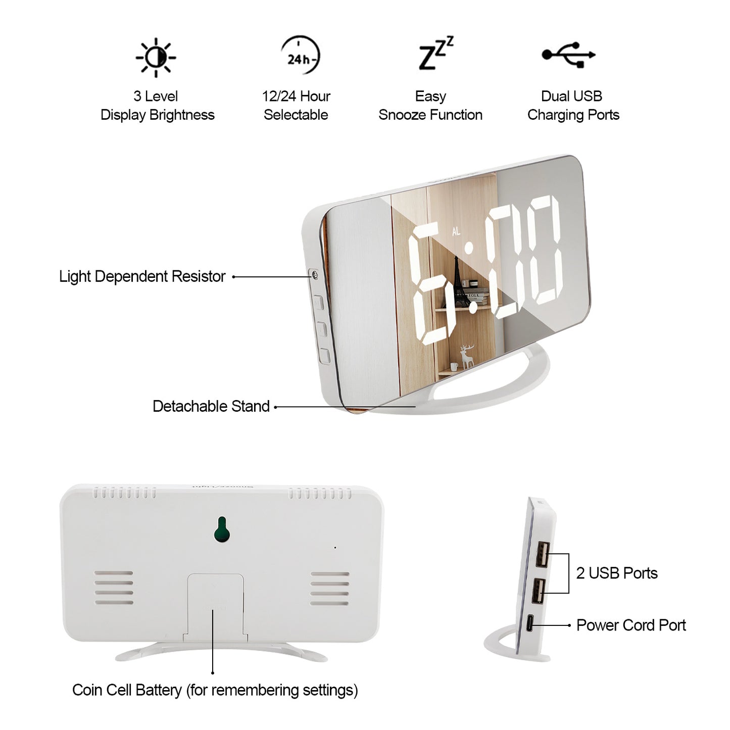 Digital Alarm Clock, LED Mirrored Clocks Large Display with 3 Diming Mode & Snooze for Bedroom Home Office