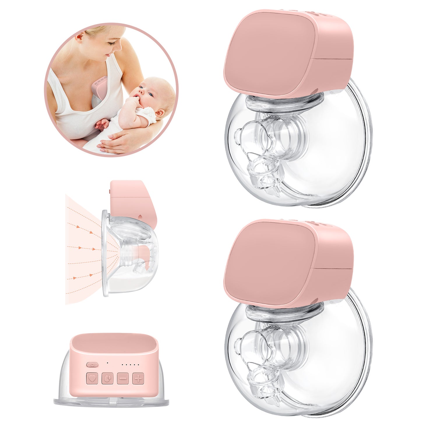 Yadala 2Pcs Breast Pump - Electric Hands-Free Portable Breastfeeding Breastpump, Spill-Proof Ultra-Quiet Pain Free Breast Pump,Light Pink