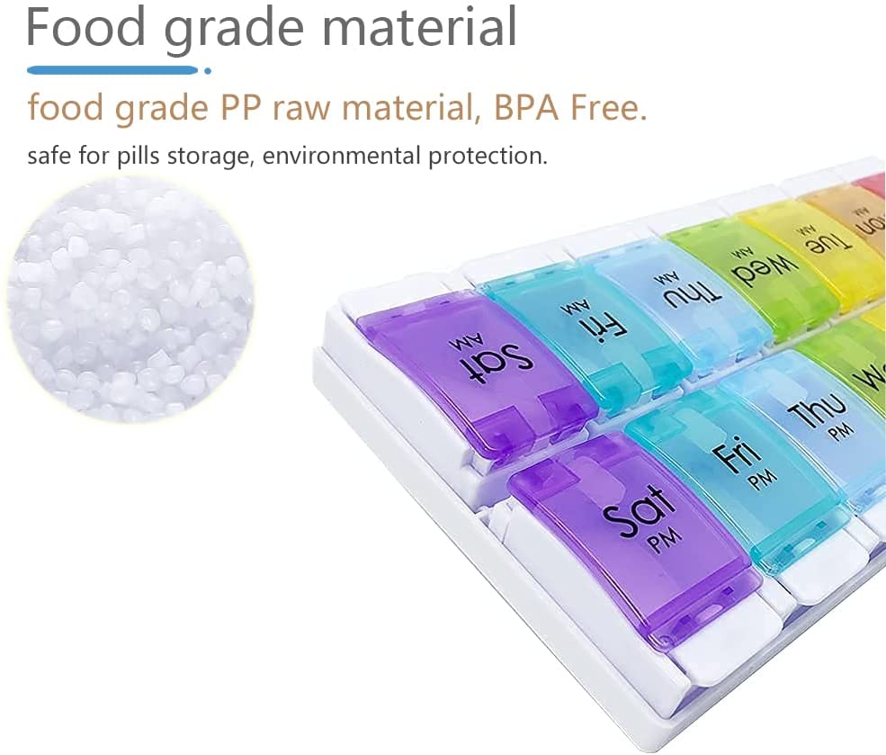 YADALA 7 Day Pill Organizer AM PM 2 Times a Day, Large Capacity Weekly Pill Box Twice Daily, Rainbow Morning and Evening Pill Case 14 Dividers BPA-Free Medicine Organizer with Easy Push Button