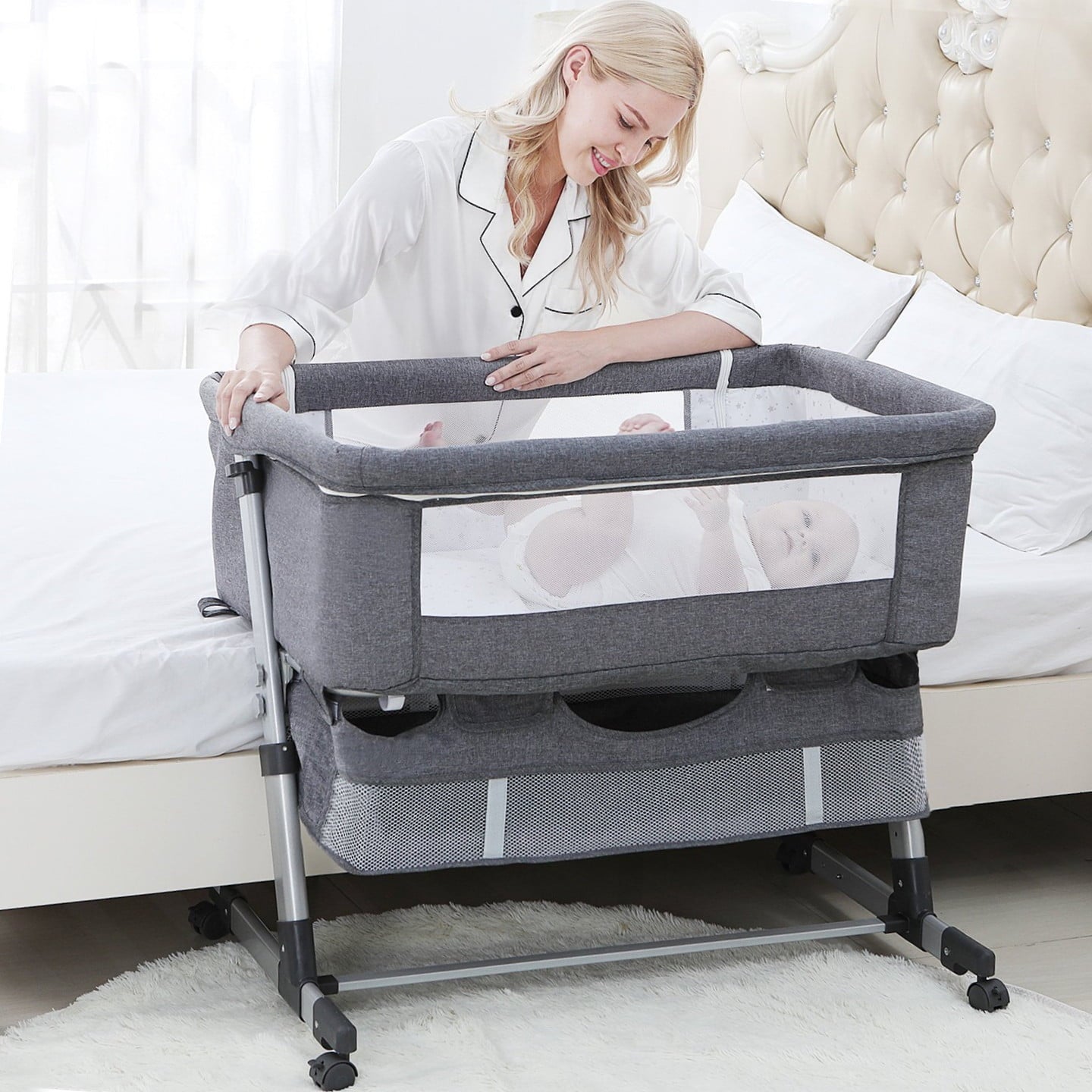 Baby Bassinet, 3 in 1 Bedside Sleeper Adjustable Bassinet Sleeper Portable Bedside Crib Easy to Assemble Bassinets for Newborn Infants, Gray