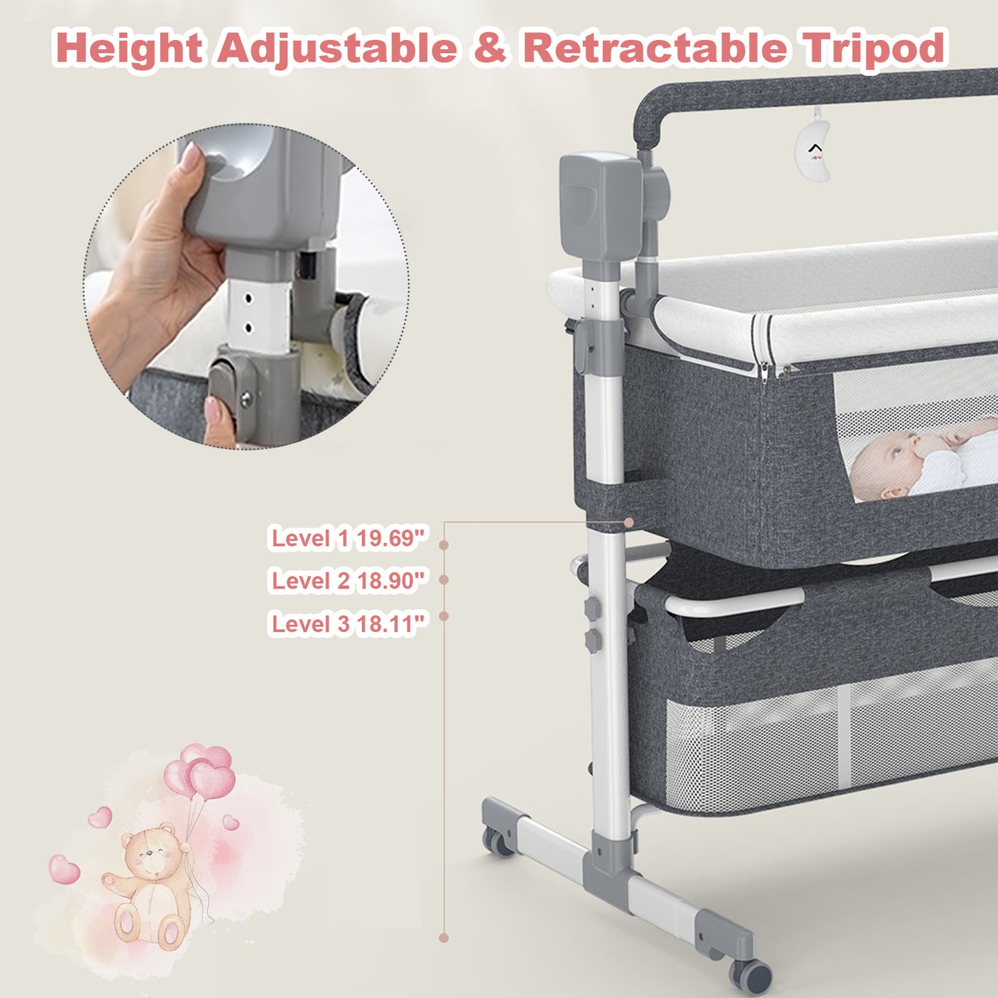 Bassinet 5 in 1, Automatic Bassinet with Adjustable Height Portable Bed Side Sleeper w/Music, Toy Rack, Mattress, Breathable Mesh, for Newborn Infant (Dark Grey)