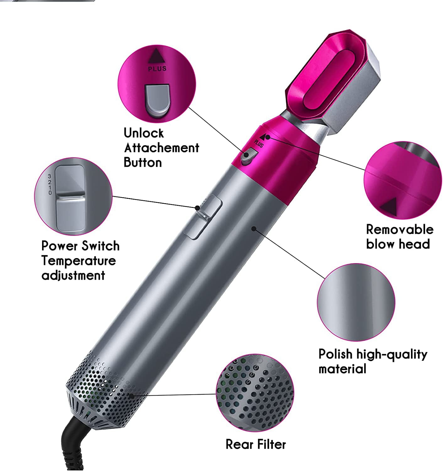 Elecsop 5 in 1 Hair Blower Brush Hairdryer Hair Curler Curling Iron Detachable Hair Styler Electric Hair Comb Rotating Hot Air Brush for All Hairstyle
