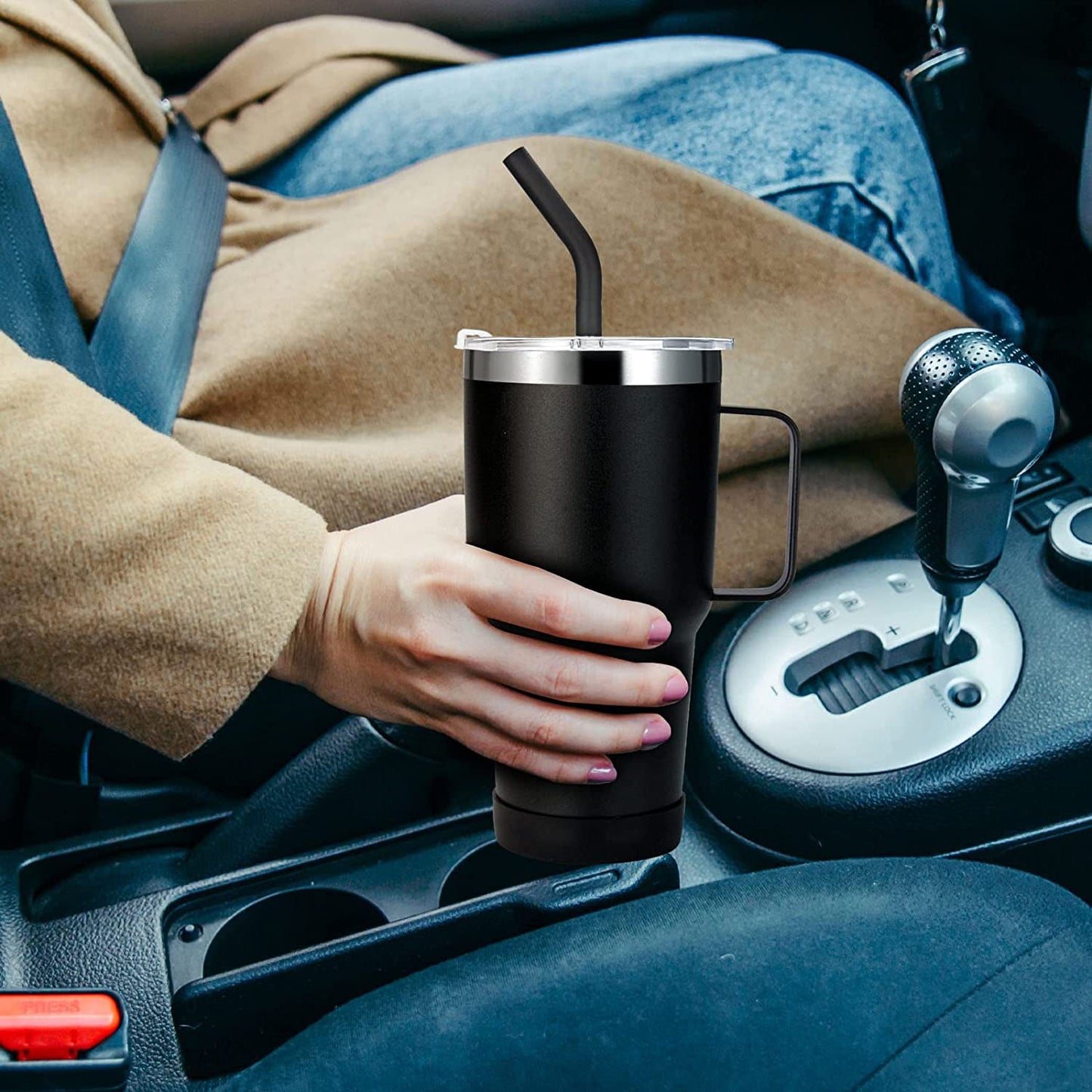 Large Travel Coffee Mug Tumbler with Clear Slide Lid & Handle, Reusable Vacuum Insulated Double Wall Stainless Steel Thermos, Fits in Cup Holder, 30oz (Black)
