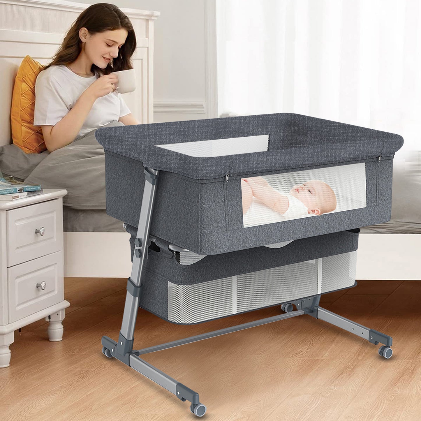 Yadala Bedside Cribs, Baby Bassinet Bedside Sleeper, 5 Height Adjustable Baby Bed for Infant/Baby/Newborn, Comfortable Mattresses, Gray
