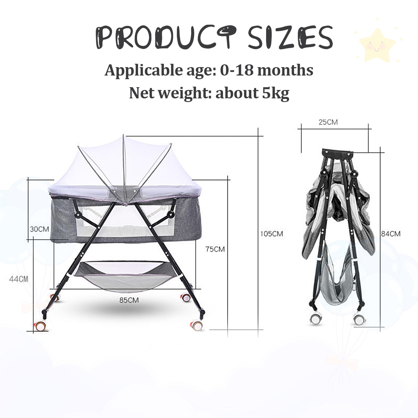 Bassinet for Babies, 4 in 1 Portable Rocking Bassinet with Breathable Net and Harmless Mattress, Quick-Fold Crib for Newborn Girl Boy Infant, Grey