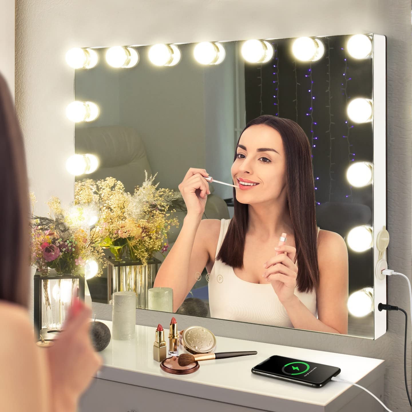 Vanity Mirror with Lights, Hollywood Lighted Makeup Mirror with 15 Dimmable LED Bulbs, 3 Colors Modes