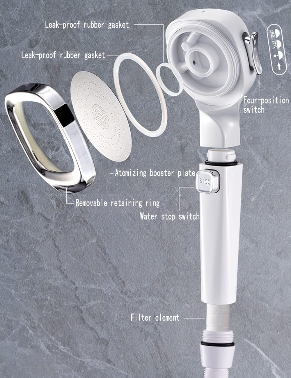 Handheld Shower Head, 4 Settings High Pressure Water Saving Shower Head, Detachable Filter Bathroom Shower Sprayer with ON/Off Switch