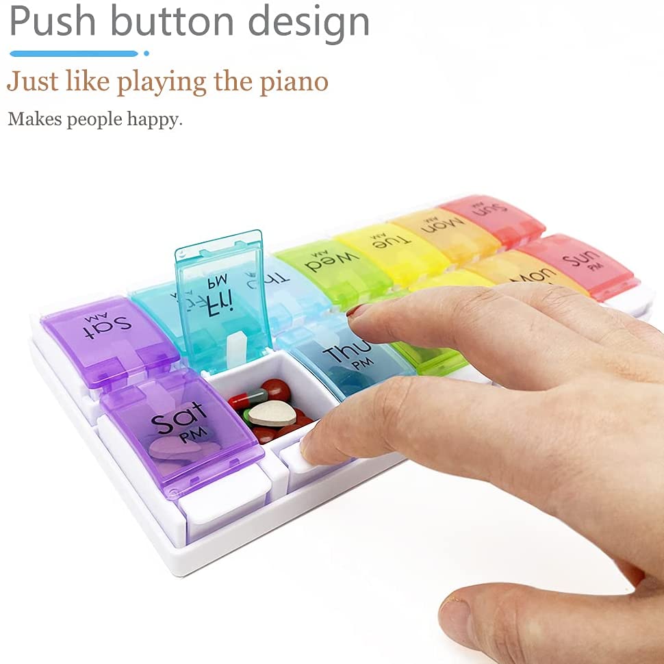 YADALA 7 Day Pill Organizer AM PM 2 Times a Day, Large Capacity Weekly Pill Box Twice Daily, Rainbow Morning and Evening Pill Case 14 Dividers BPA-Free Medicine Organizer with Easy Push Button