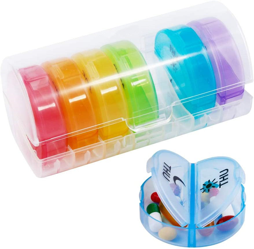 Daily Pill Organizer (Twice-a-Day) - Weekly AM/PM Pill Box, Round Medicine Organizer, 7 Day Pill Container, Vitamin Organizer for Vitamin Fish Oils Supplement