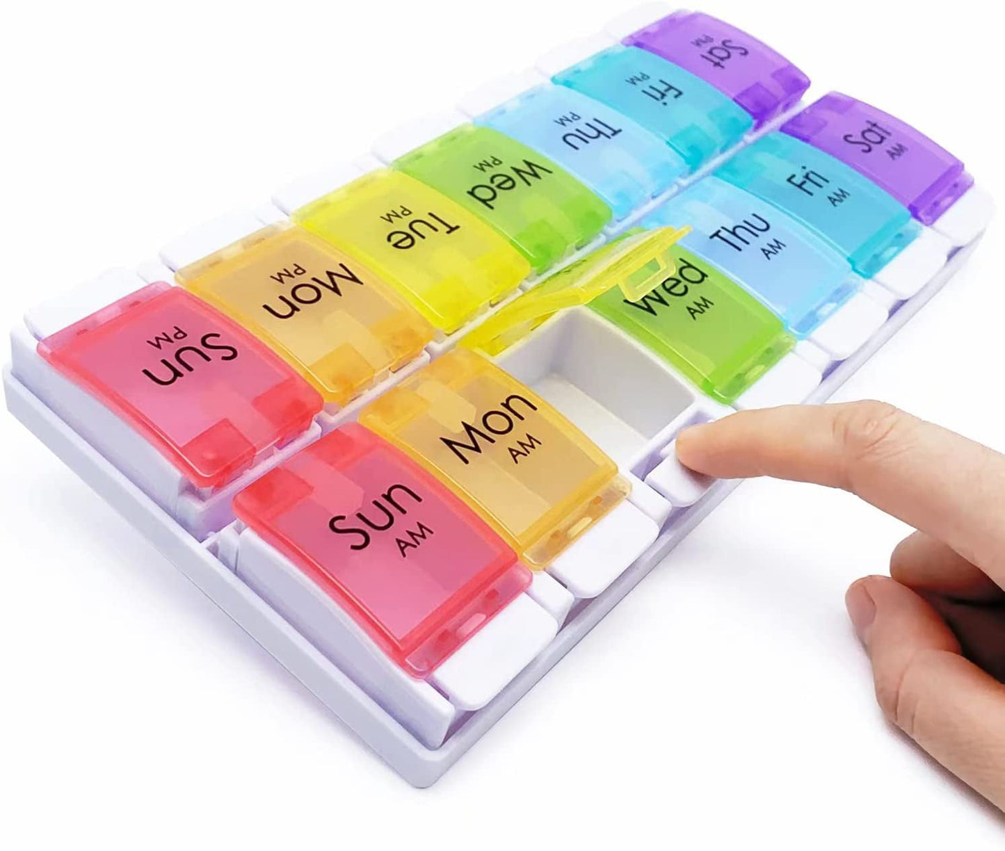 YADALA 7 Day Pill Organizer AM PM 2 Times a Day, Large Capacity Weekly Pill Box Twice Daily, Rainbow Morning and Evening Pill Case 14 Dividers BPA-Free Medicine Organizer with Easy Push Button
