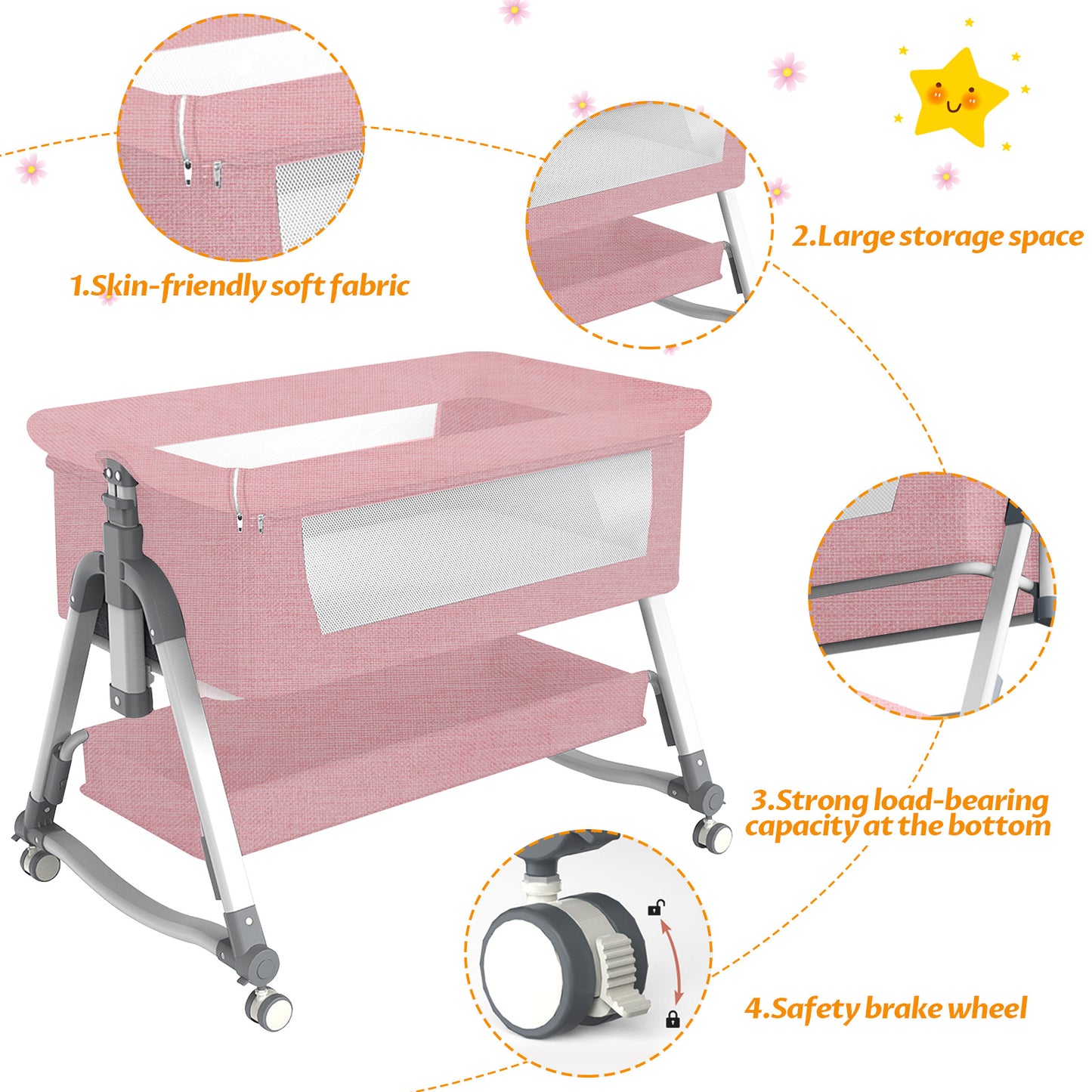 Yadala Bedside Cribs, Baby Bassinet Travel Baby Crib Baby Bed with Breathable Net, Adjustable Portable Bed for Infant/Baby with Mattress, Pink