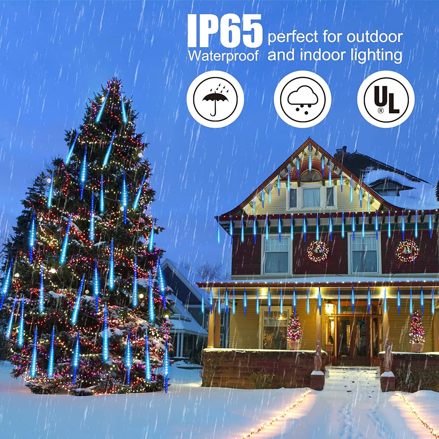 Meteor Shower Icicle Christmas Lights Outdoor, 17.72 Inches 8 Tubes 288 Led Dropping Lights Connectable, Hanging Falling Rain Lights for Tree Bushes Holiday Christmas Tree Lights, Blue