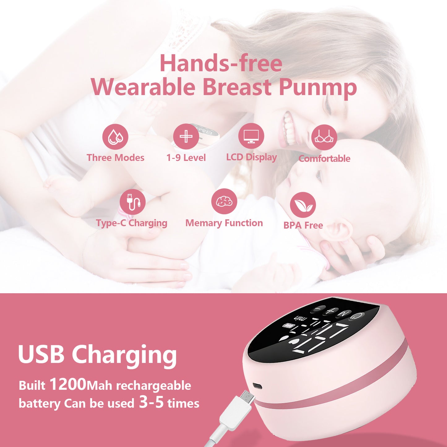 Electric Breast Pump, Yadala Wearable Breast Pump, Hands-Free Breast Pumps with 3 Modes, 9 Levels, Pink