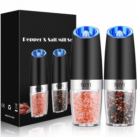 Gravity Electric Pepper and Salt Grinder Set, Adjustable Coarseness, Battery Powered with LED Light, One Hand Automatic Operation, Stainless Steel Black-2PACK
