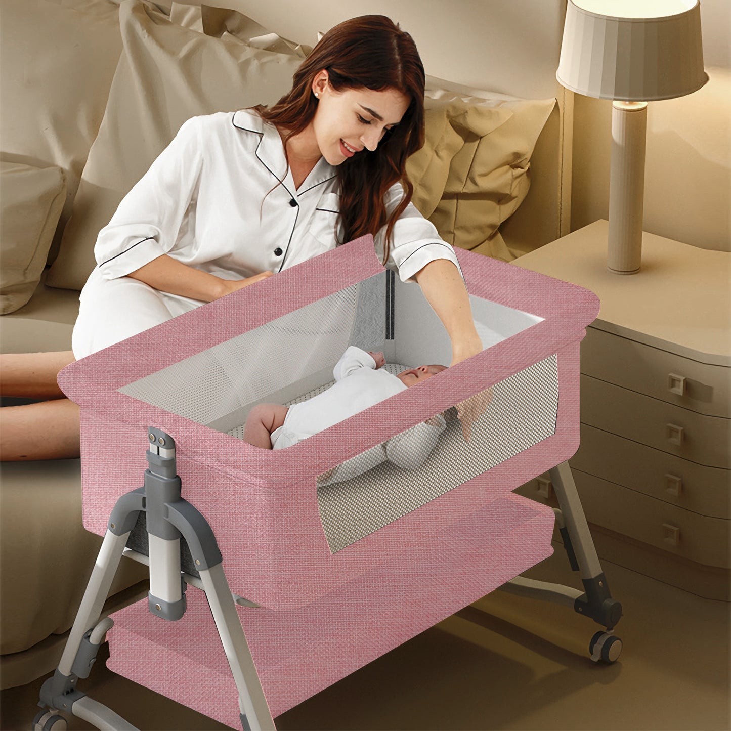Yadala Bedside Cribs, Baby Bassinet Travel Baby Crib Baby Bed with Breathable Net, Adjustable Portable Bed for Infant/Baby with Mattress, Pink