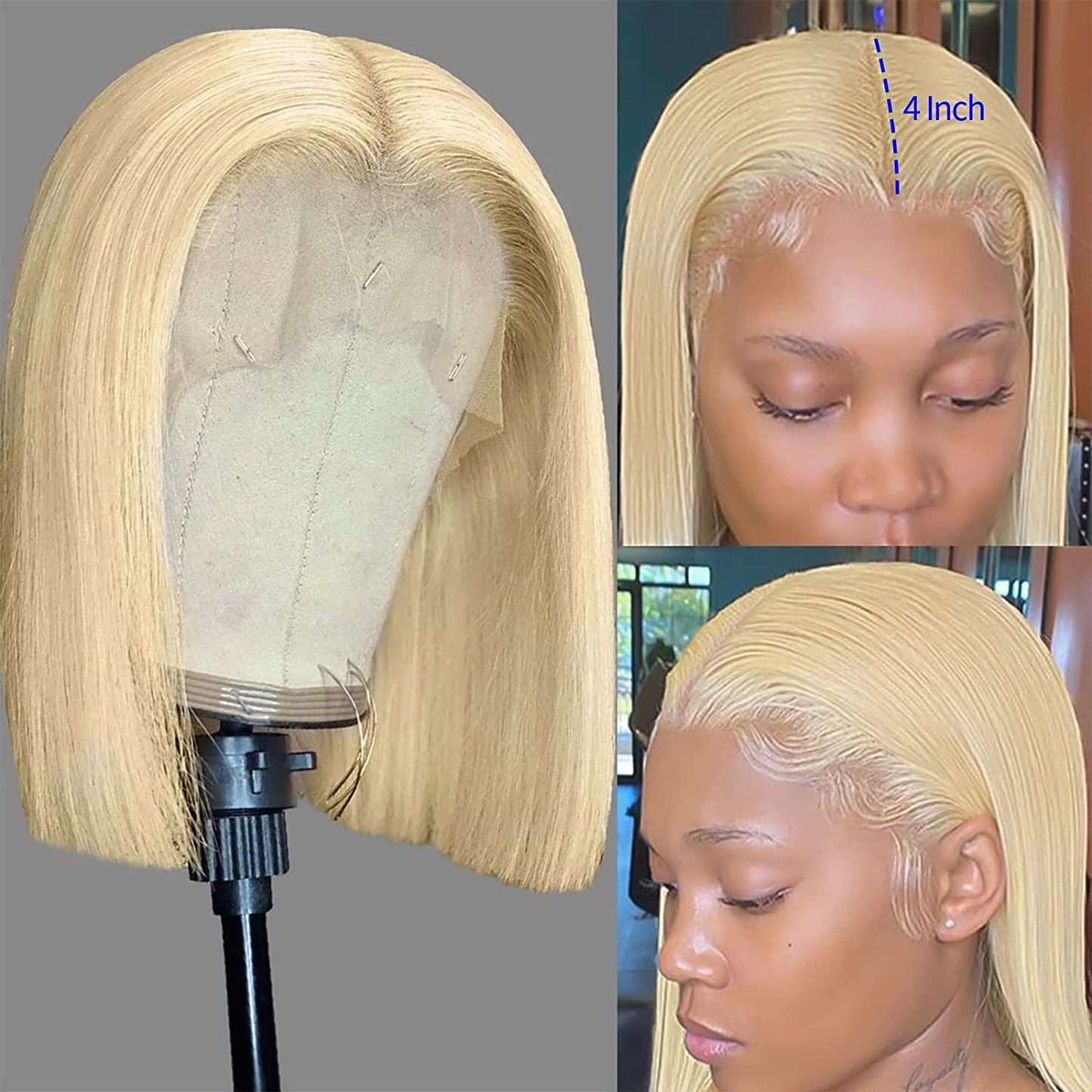 Blonde Bob Wig , Wigs Pre Plucked Bleached Knots Free Part  Short Blonde Bob Wigs for Black Women
