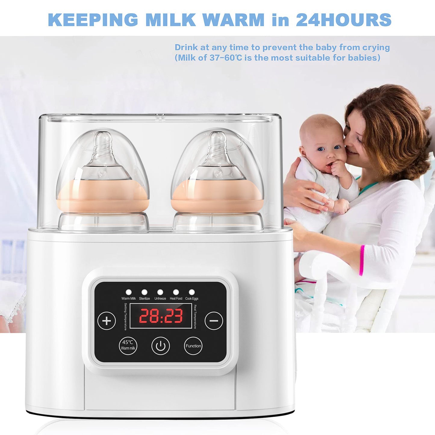 Laverner  Baby Bottle Warmer, Bottle Sterilizer, 6-in-1 Fast Bottle Warmer  Food Heater&Defrost, Baby Breast Milk Formula Warmer with LCD Display