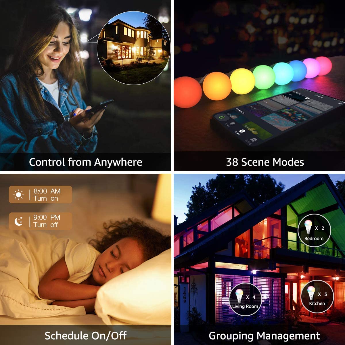 Smart WiFi Light Bulbs, LED Color Changing Lights, Works with Alexa & Google Assistant, RGBW 2700K-6500K, 9W Equivalent, Dimmable with App, A19 E27, No Hub Required, 2.4GHz WiFi Only, Pack of 4
