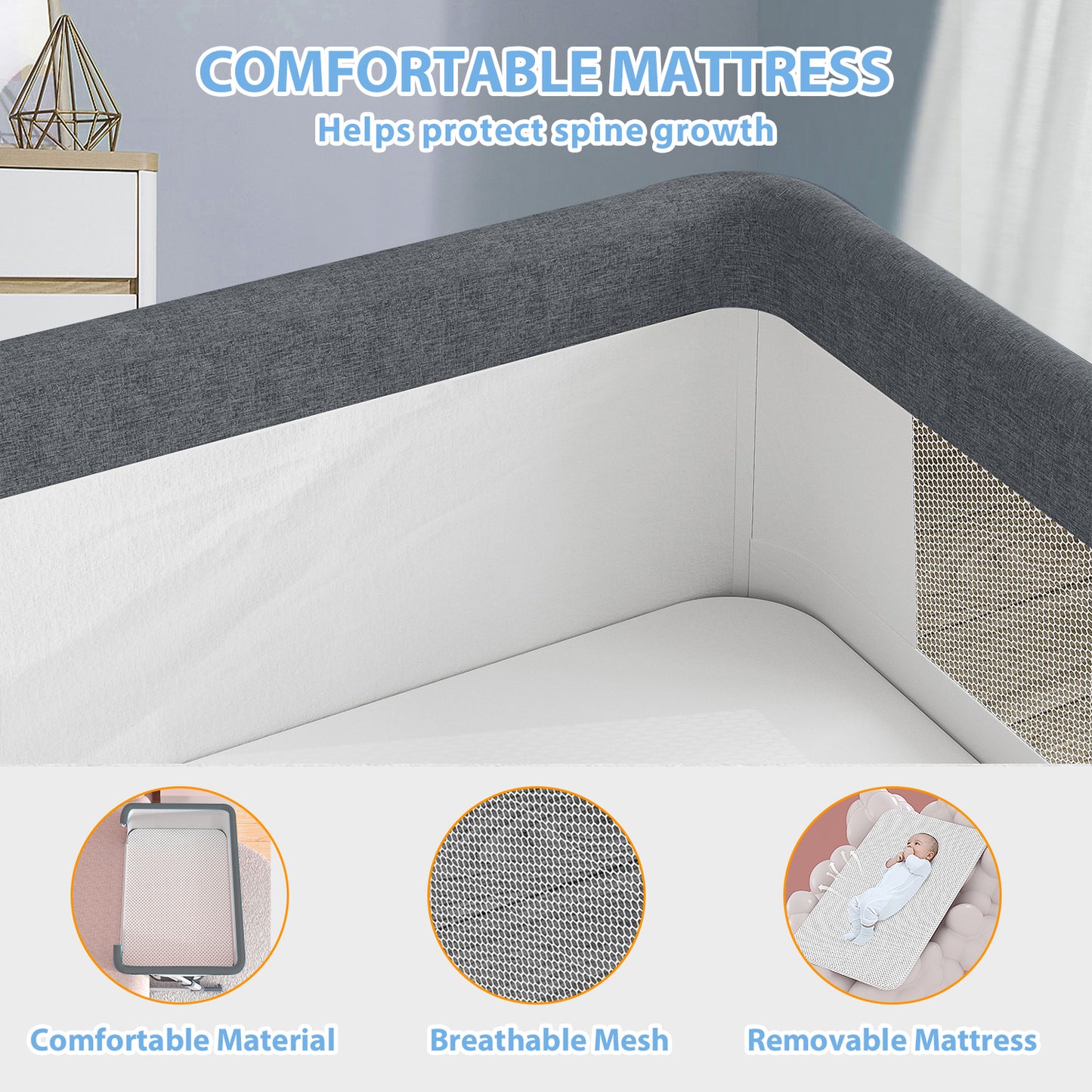 Baby Bassinet, 3 in 1 Bedside Sleeper Adjustable Bassinet Sleeper Portable Bedside Crib Easy to Assemble Bassinets for Newborn Infants, Gray
