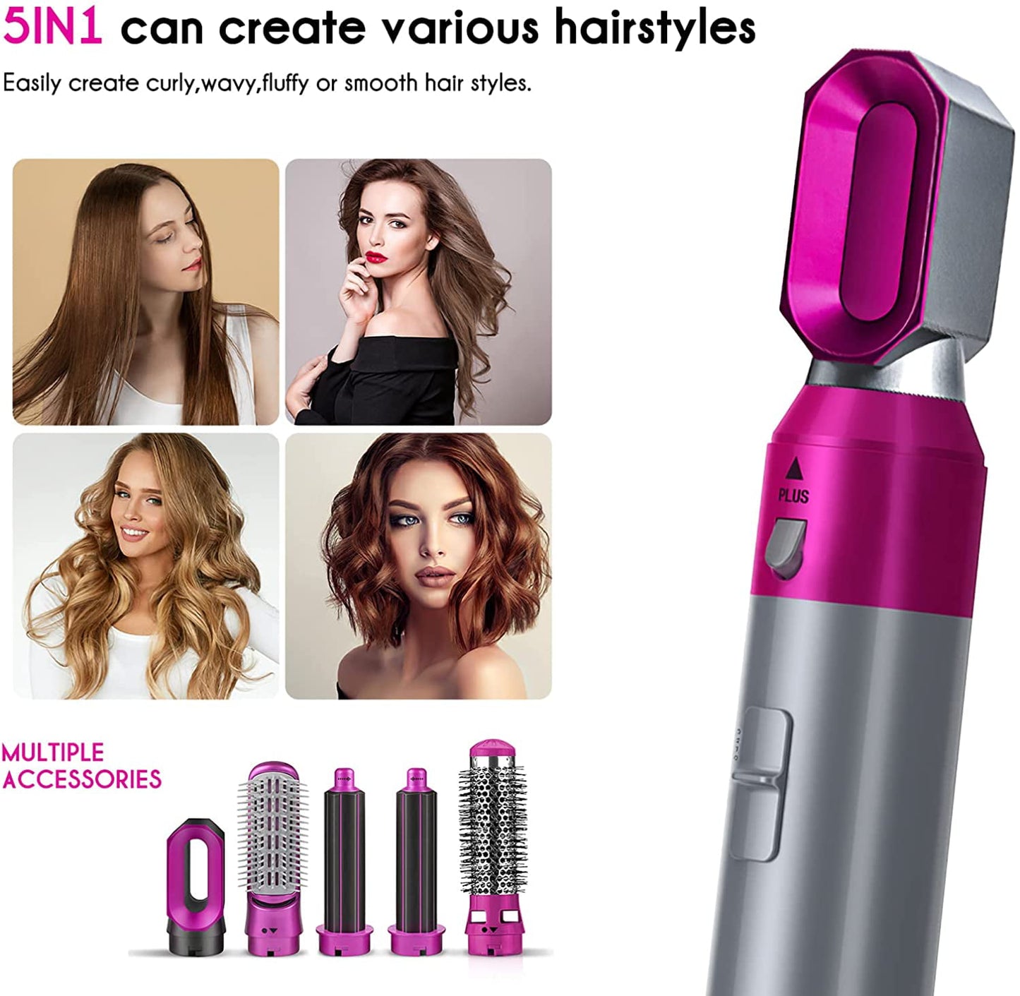 Elecsop 5 in 1 Hair Blower Brush Hairdryer Hair Curler Curling Iron Detachable Hair Styler Electric Hair Comb Rotating Hot Air Brush for All Hairstyle