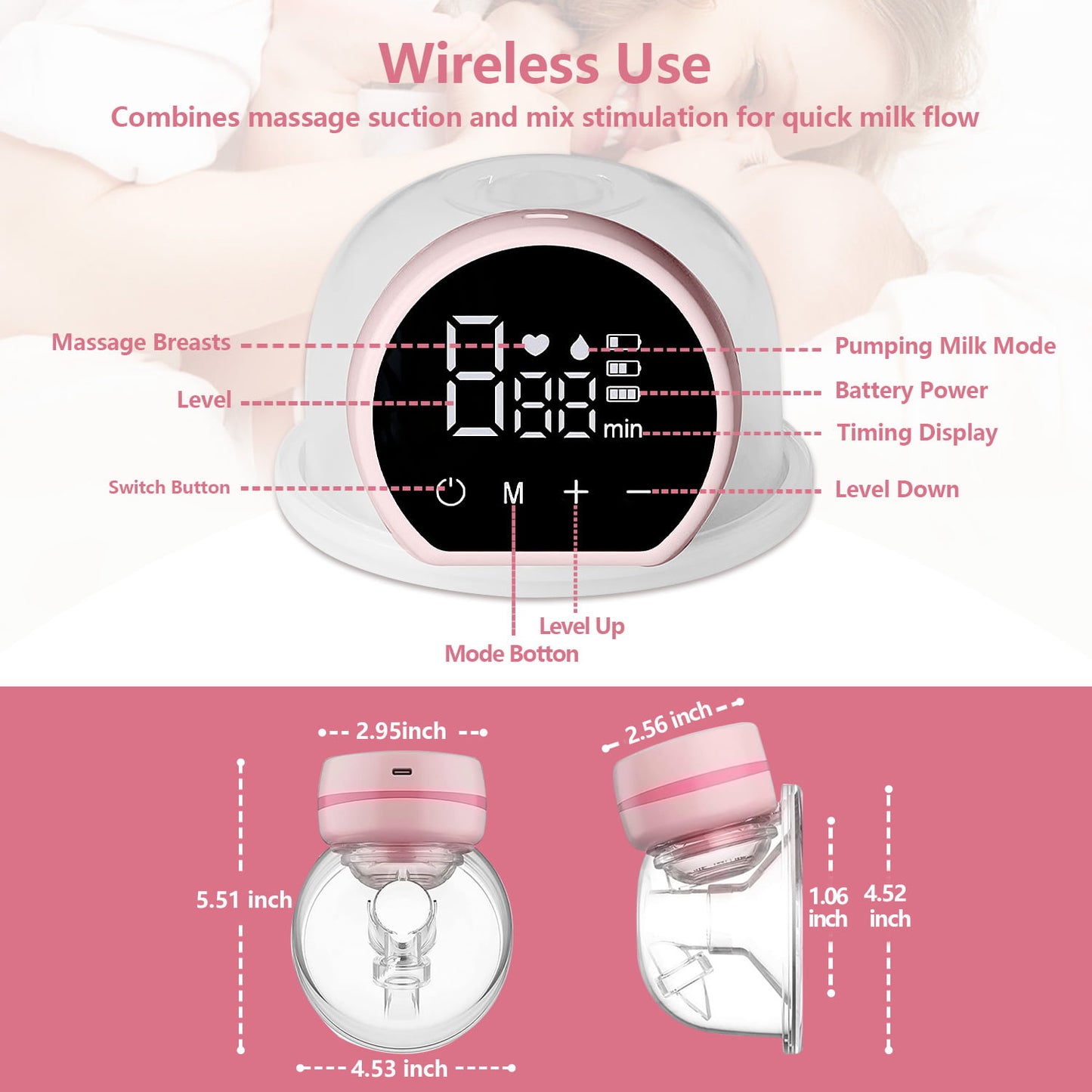 Electric Breast Pump, Yadala Wearable Breast Pump, Hands-Free Breast Pumps with 3 Modes, 9 Levels, Pink