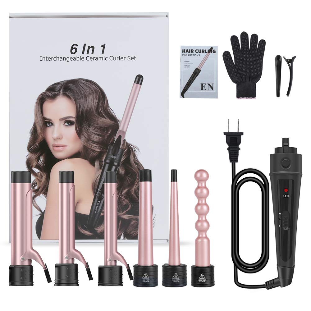6 in 1 Curling Iron Wand Set - Byfumay Ceramic  Hair Curling Iron with 6 Interchangeable Ceramic Barrels(0.35’’ -1.25’’) and 2 Temperature Instant Heat Up Hair Curler for All Hair Types