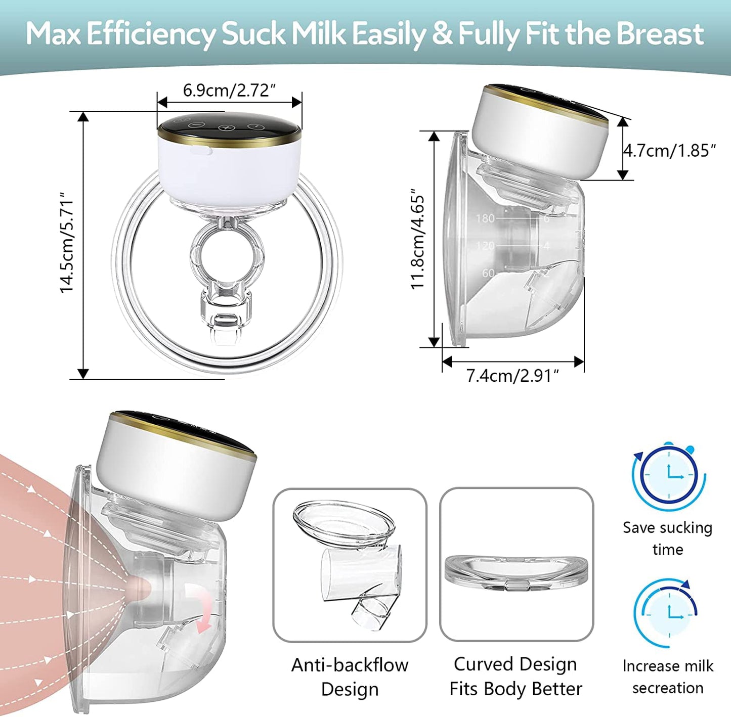 Wearable Wireless Breast Pump, Hands-Free Electric Breast Pump with 3 Modes 9 Levels - 24mm