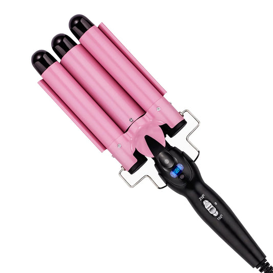3 Barrel Curling Iron Wand with LCD Temperature Display - Hosey 1 Inch Ceramic Tourmaline Triple Barrels Hair Waver, Dual Voltage Hair Crimper (Pink)
