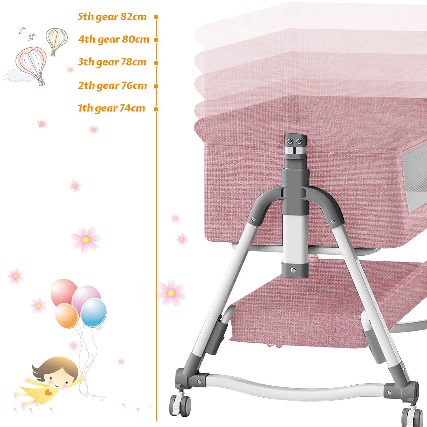Yadala Bedside Cribs, Baby Bassinet Travel Baby Crib Baby Bed with Breathable Net, Adjustable Portable Bed for Infant/Baby with Mattress, Pink