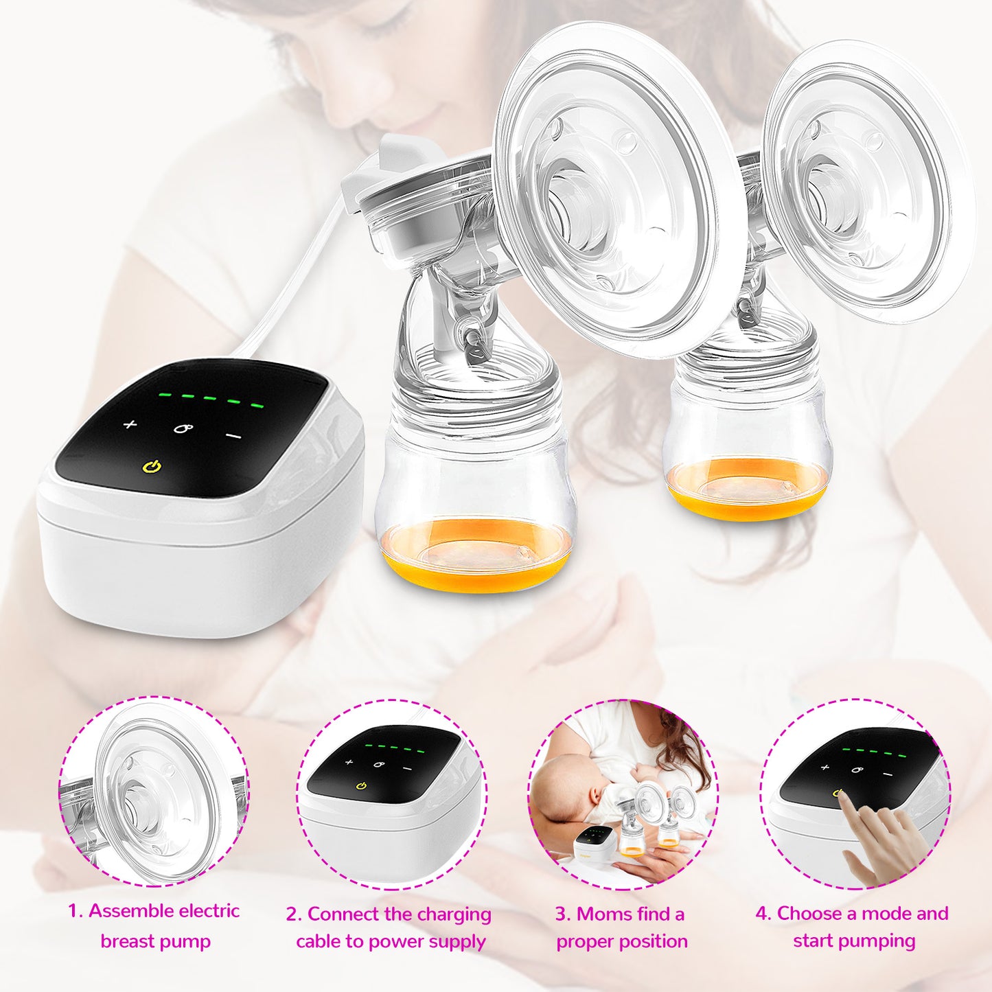 Double Electric Breast Pump, 2 Modes and 5 Levels , Pain Free Strong Suction Power Breast Pump with 10x Breastmilk Storage Bag