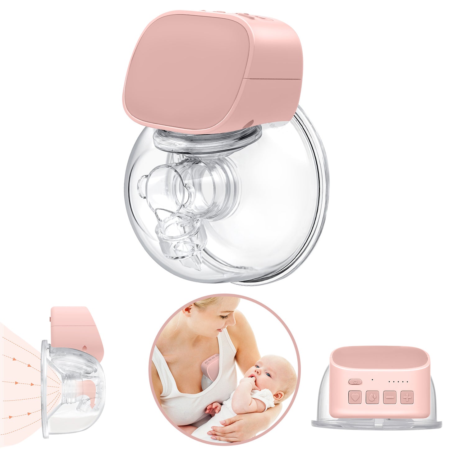 Yadala Wearable Breast Pump - Electric Hands-Free Portable Breastfeeding Breast pump, Spill-Proof Ultra-Quiet Pain Free Breast Pump with 2 Mode & 5 Levels, 24mm- Pink