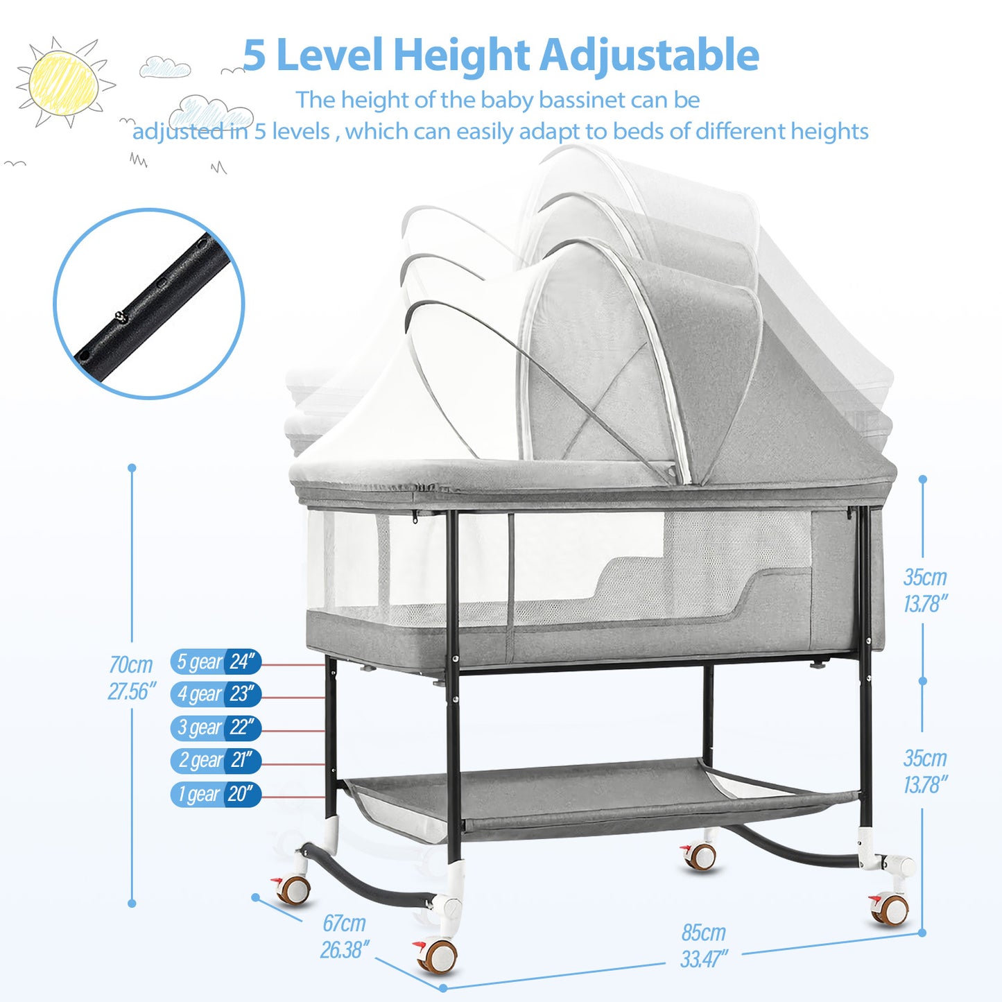 Baby Bassinets, Laverner 4 in 1 Baby Bassinet,Portable Infant Bedside Crib for Newborn with Storage Basket and Wheel for Newborns Girl Boy Infant
