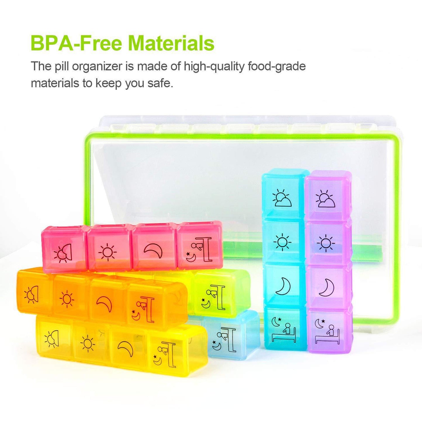 Weekly Pill Organizer 7 Day (4 Times a Day), Sukuos Moisture-Resistant Large Daily Pill Cases for Pills/Vitamin/Fish Oil/Supplements - Rainbow Colors (Morn NOON EVE Bed)