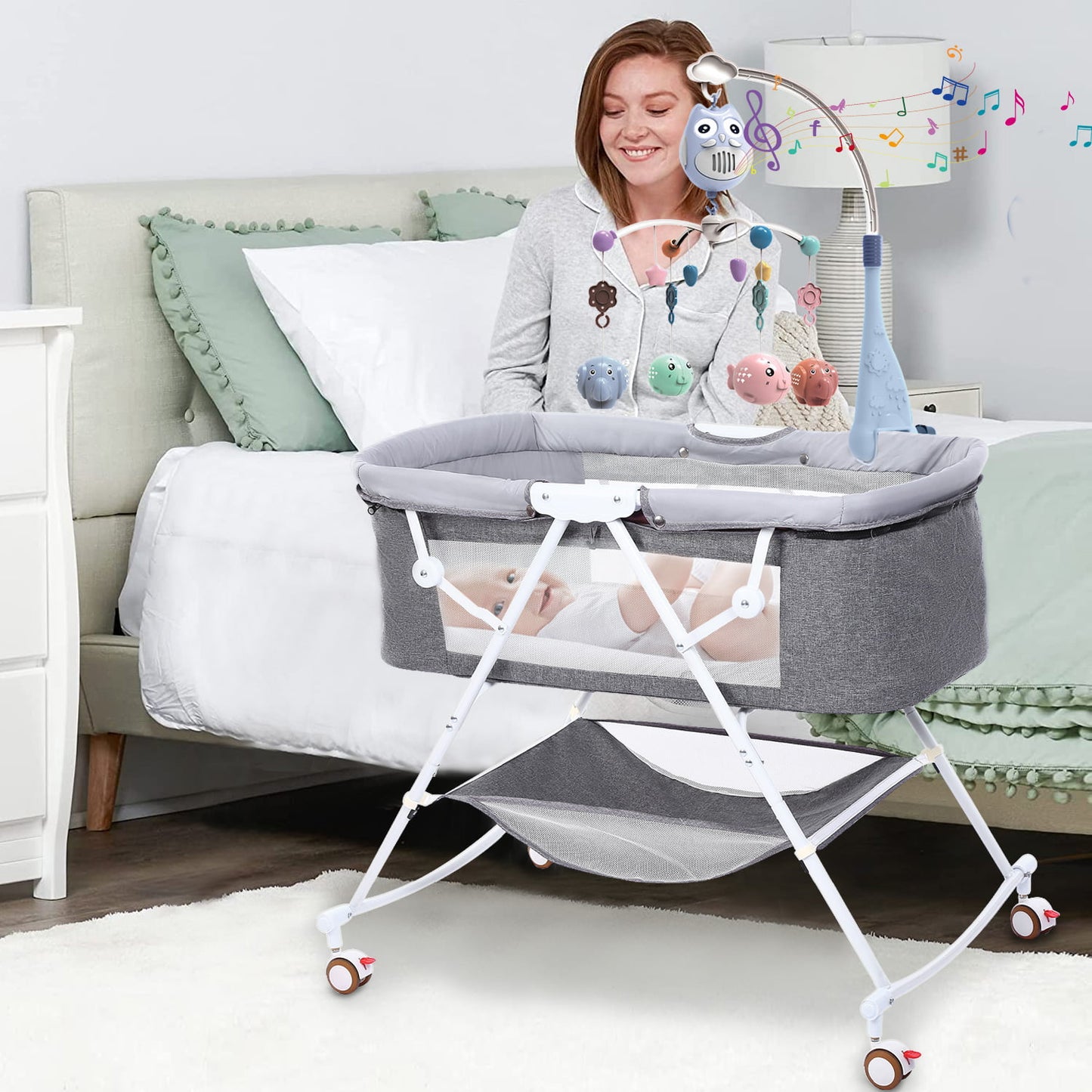 Bassinet for Babies, Zechiy 4 in 1 Portable Rocking Bassinet with Breathable Net and Harmless Mattress, Quick-Fold Crib for Newborn Girl Boy Infant, Grey