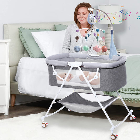 Bassinet for Babies, Zechiy 4 in 1 Portable Rocking Bassinet with Breathable Net and Harmless Mattress, Quick-Fold Crib for Newborn Girl Boy Infant, Grey
