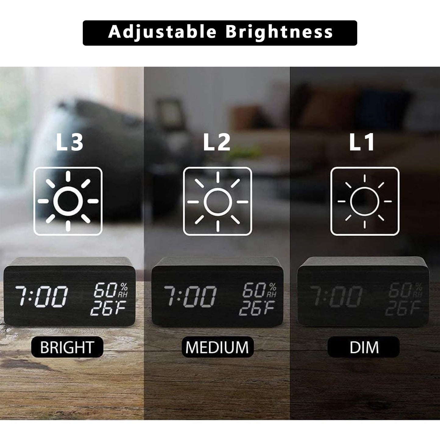 Digital Alarm Clock, Wooden Clock with Wireless Charging, 3 Alarm Settings, Sound Control, Clocks for Bedroom, Office