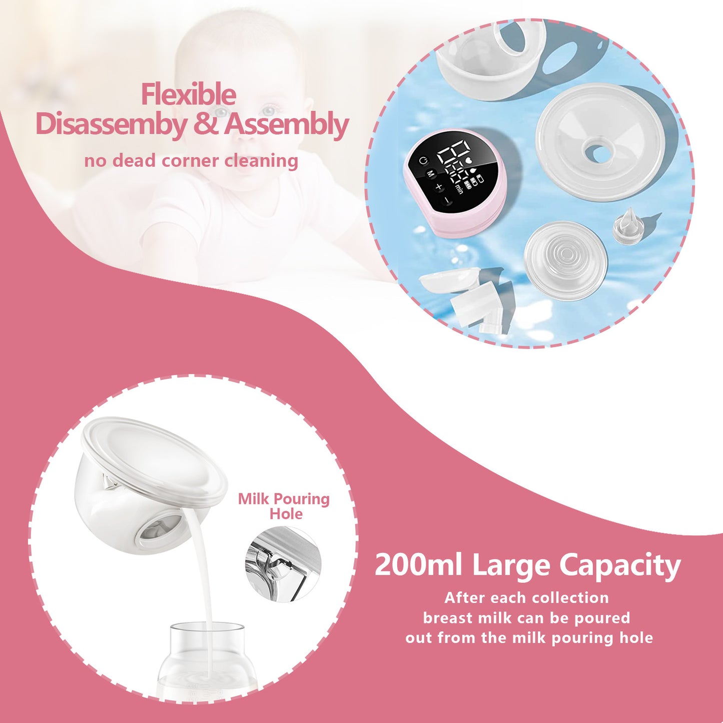 Electric Breast Pump, Yadala Wearable Breast Pump, Hands-Free Breast Pumps with 3 Modes, 9 Levels, Pink